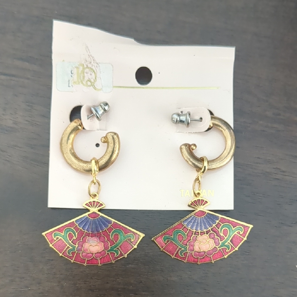 Gold and Pink Fan Earrings